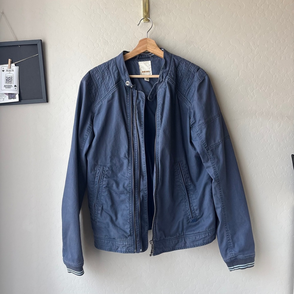Diesel J-Enka Mens Navy Blue Cotton Blend Moto Bomber Jacket Utility Full Zip L